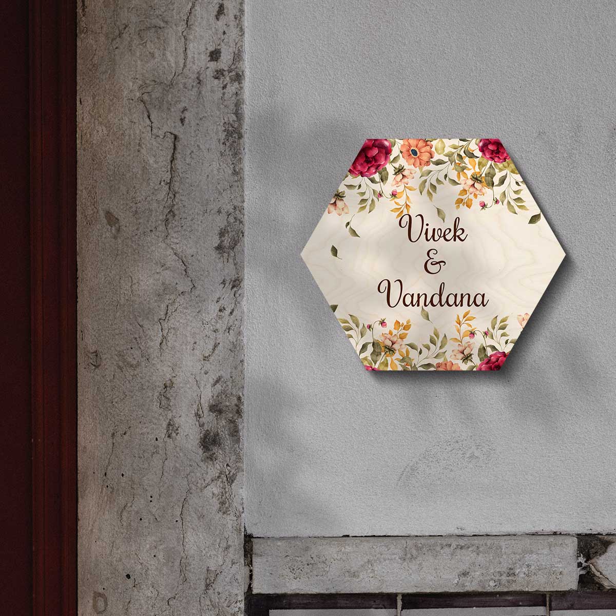 Hexagon name plate – 12x12 birch with watercolour floral border and family name in warm brown