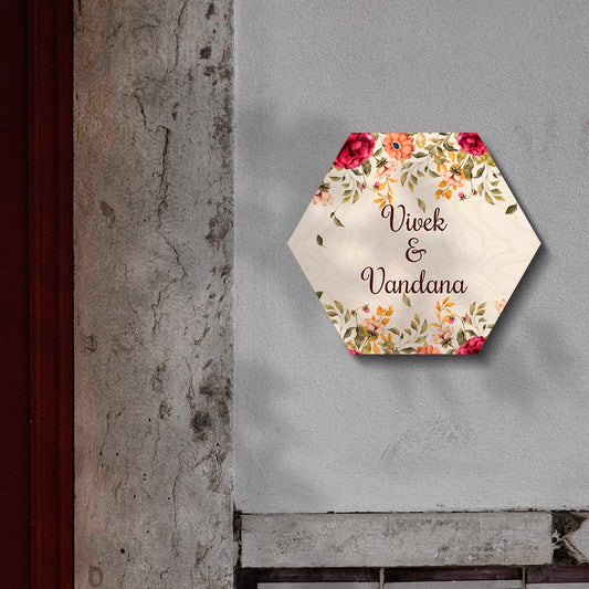 Hexagon name plate – 12x12 birch with watercolour floral border and family name in warm brown