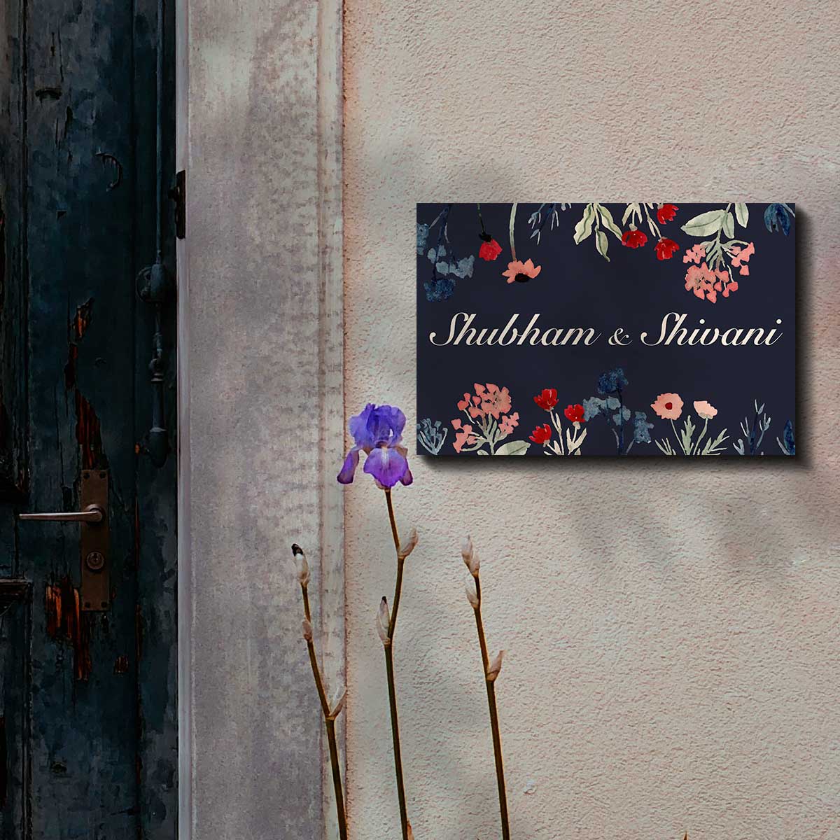 Dark floral couple name plate – navy birch with wildflower print and white script couple names