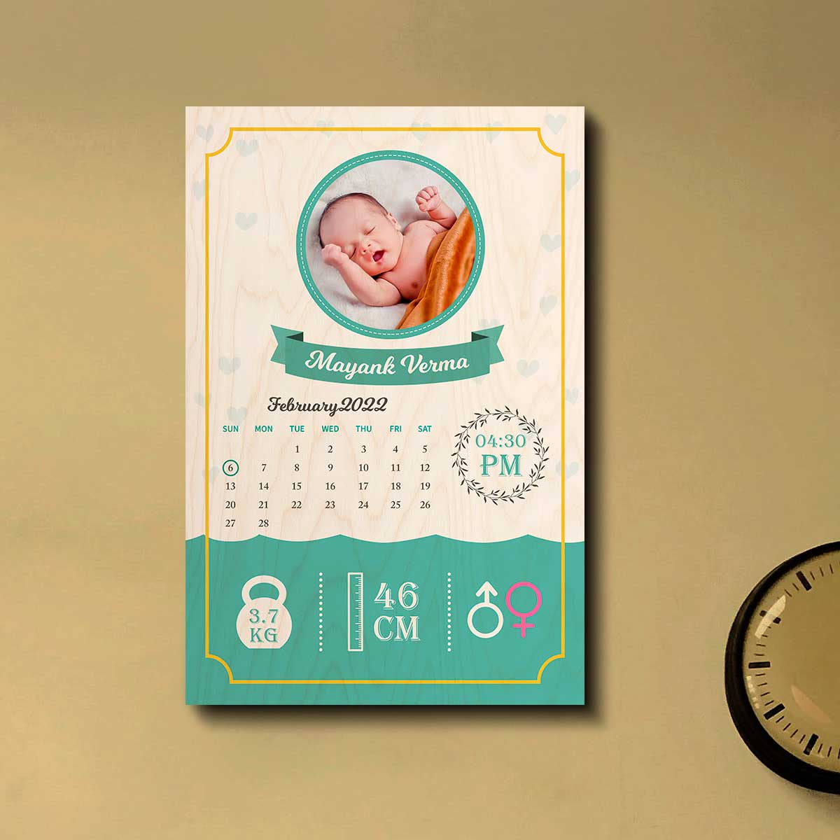Baby Boy Born Wood Print – Teal Birth Details Keepsake