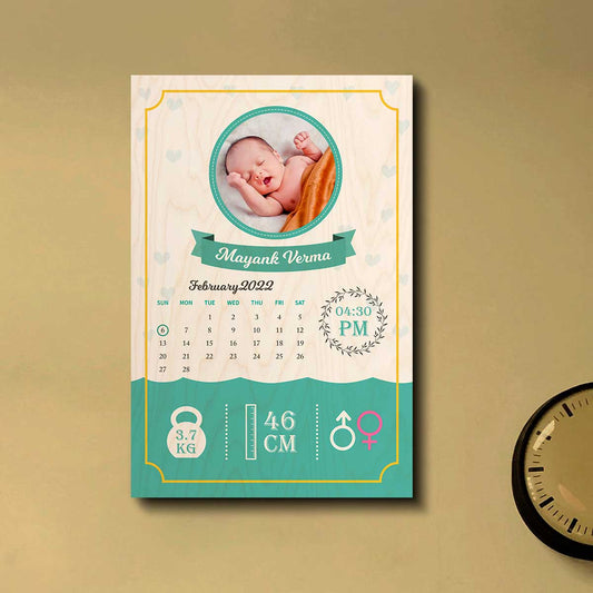 Baby Boy Born Wood Print – Teal Birth Details Keepsake