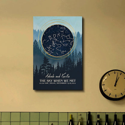 Sky map when we met wood print – rectangular birch panel printed with a personalized constellation map, couple names, date and city