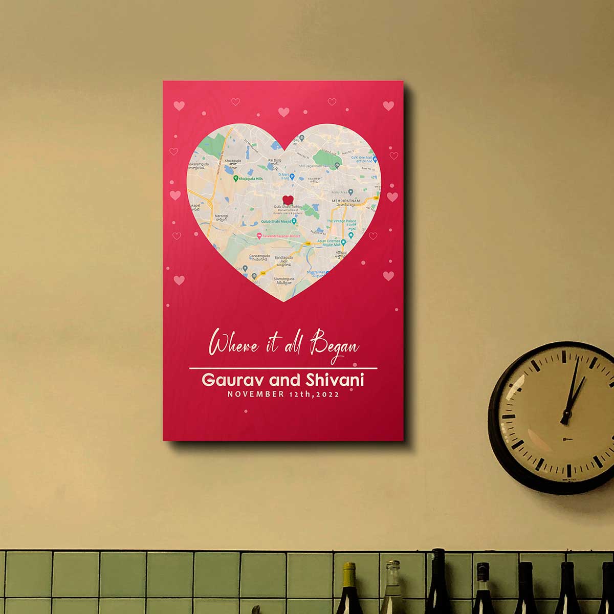 Love location map wood print – rectangular birch panel with a heart-shaped city map cutout, names and date below, on a hot pink background