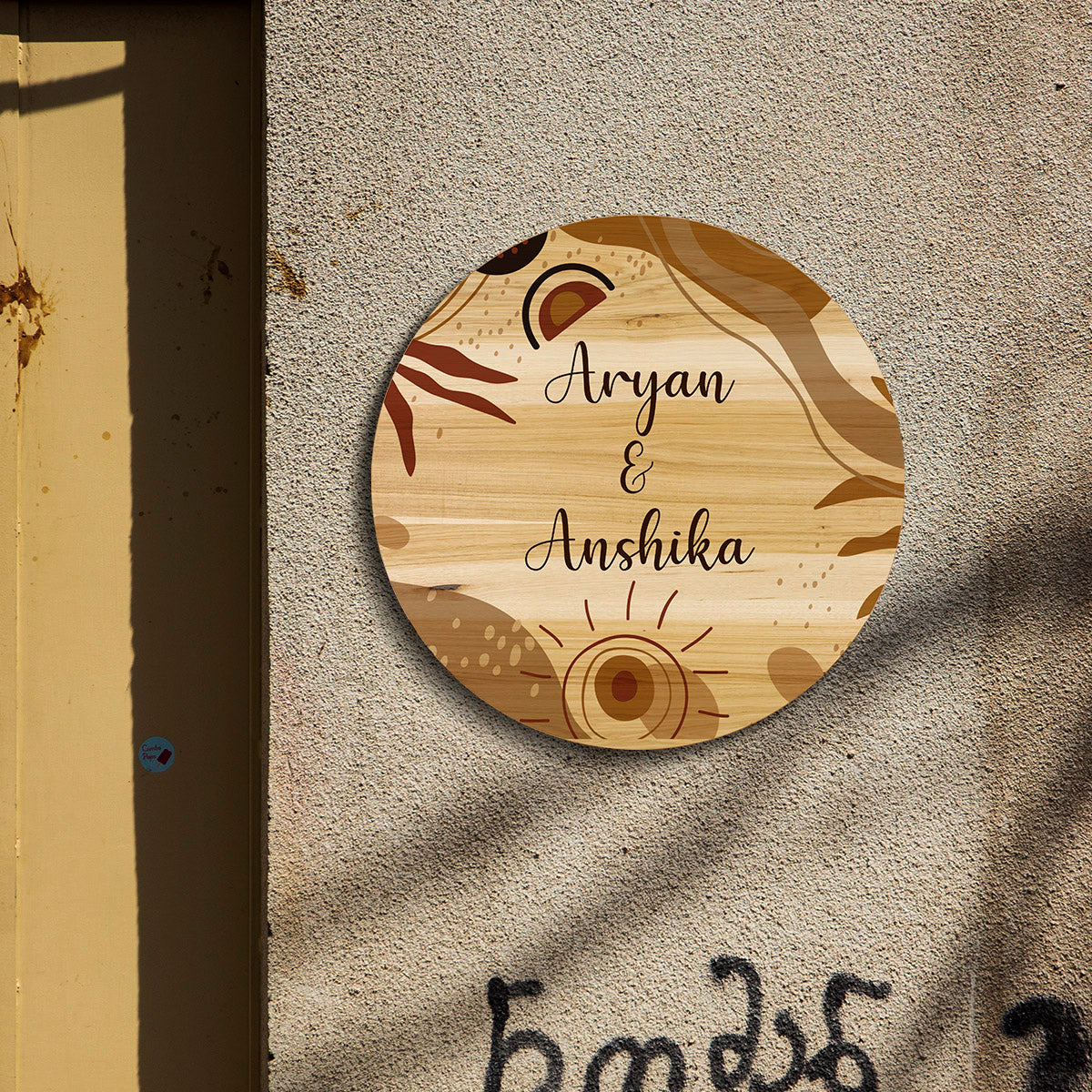 Round boho couple name plate for home on entrance with sun design on birch