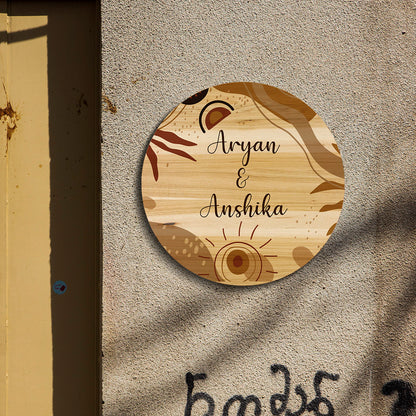 Round boho couple name plate for home on entrance with sun design on birch