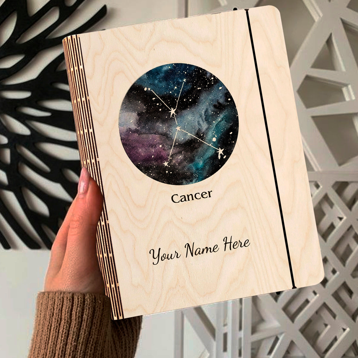 Open spread of the personalized diary, with multi-tone nebula with Cancer constellation and custom name.