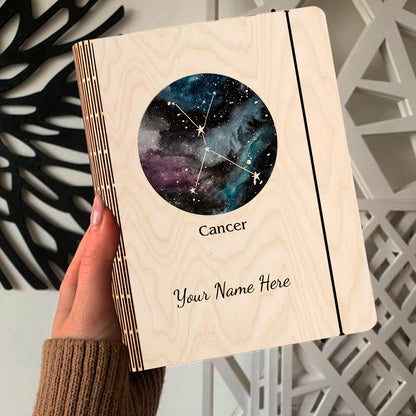 Open spread of the personalized diary, with multi-tone nebula with Cancer constellation and custom name.