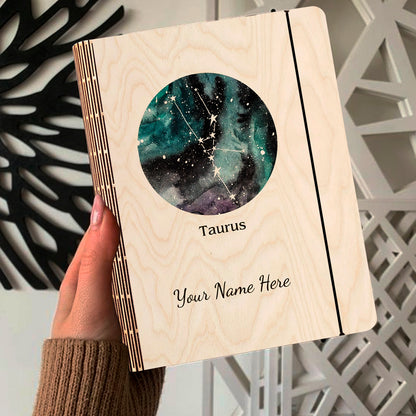 Open spread of the personalized diary, with teal-blue nebula with Taurus V-shape Hyades cluster and, and ruled inner pages.