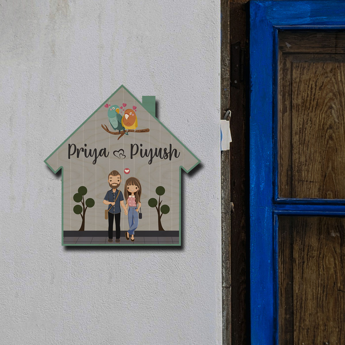 Teal Hut-Style Couple Name Plate for Entrance Door