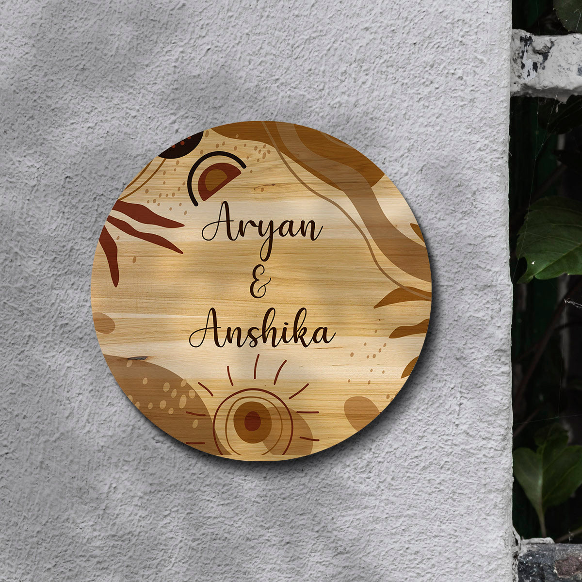 Personalised round couple name plate for home with couple names and house number
