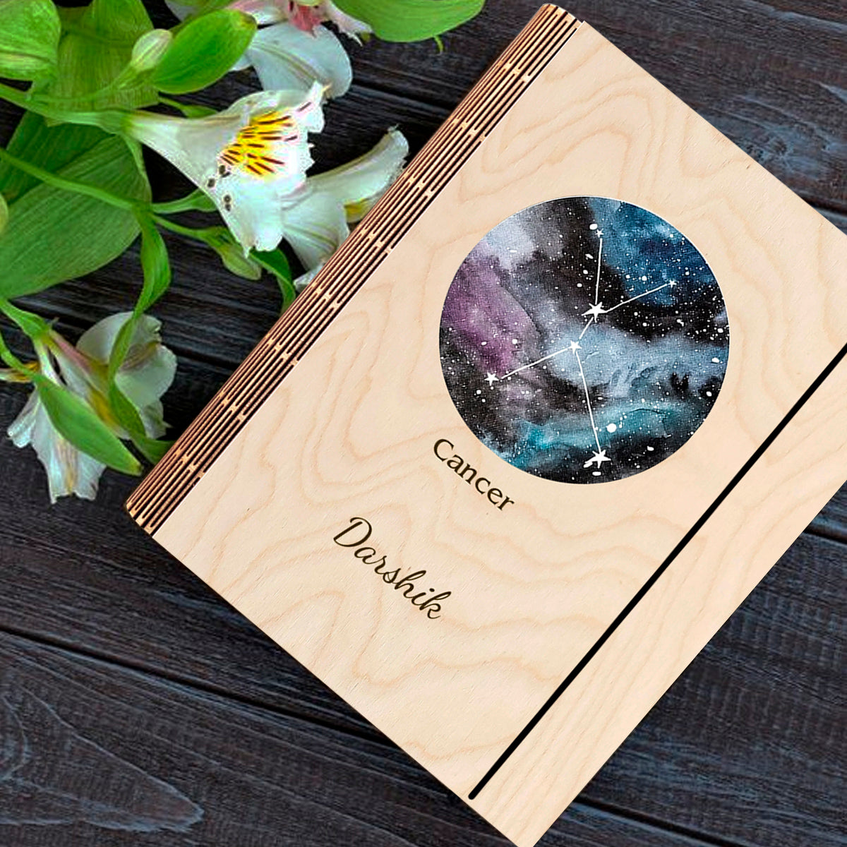 Detail crop on the personalized diary cover, with multi-tone nebula with Cancer constellation and custom name.