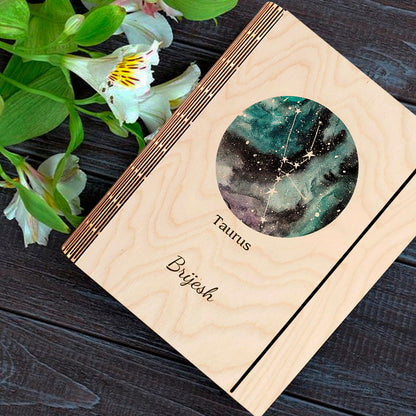 Detail crop on the personalized diary cover, with teal-blue nebula with Taurus V-shape Hyades cluster and.