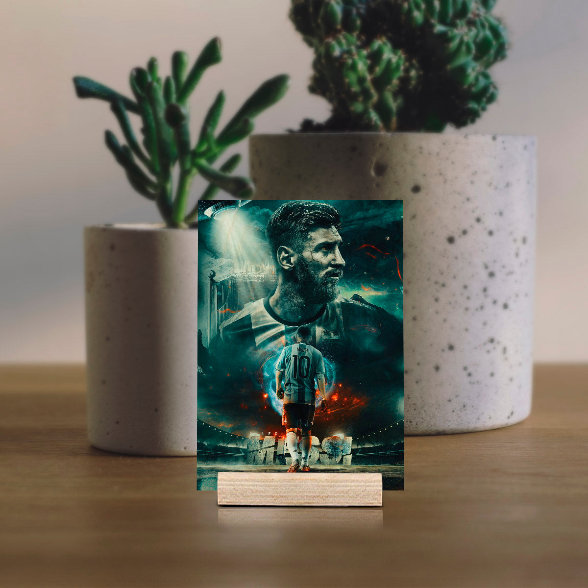 Messi Wood Print with Argentina Football Fan Portrait Design