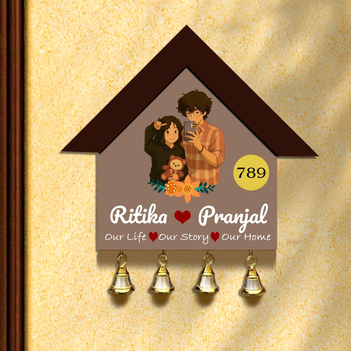 Modern Name Plate for House – Selfie Couple with Bells - Sblossom