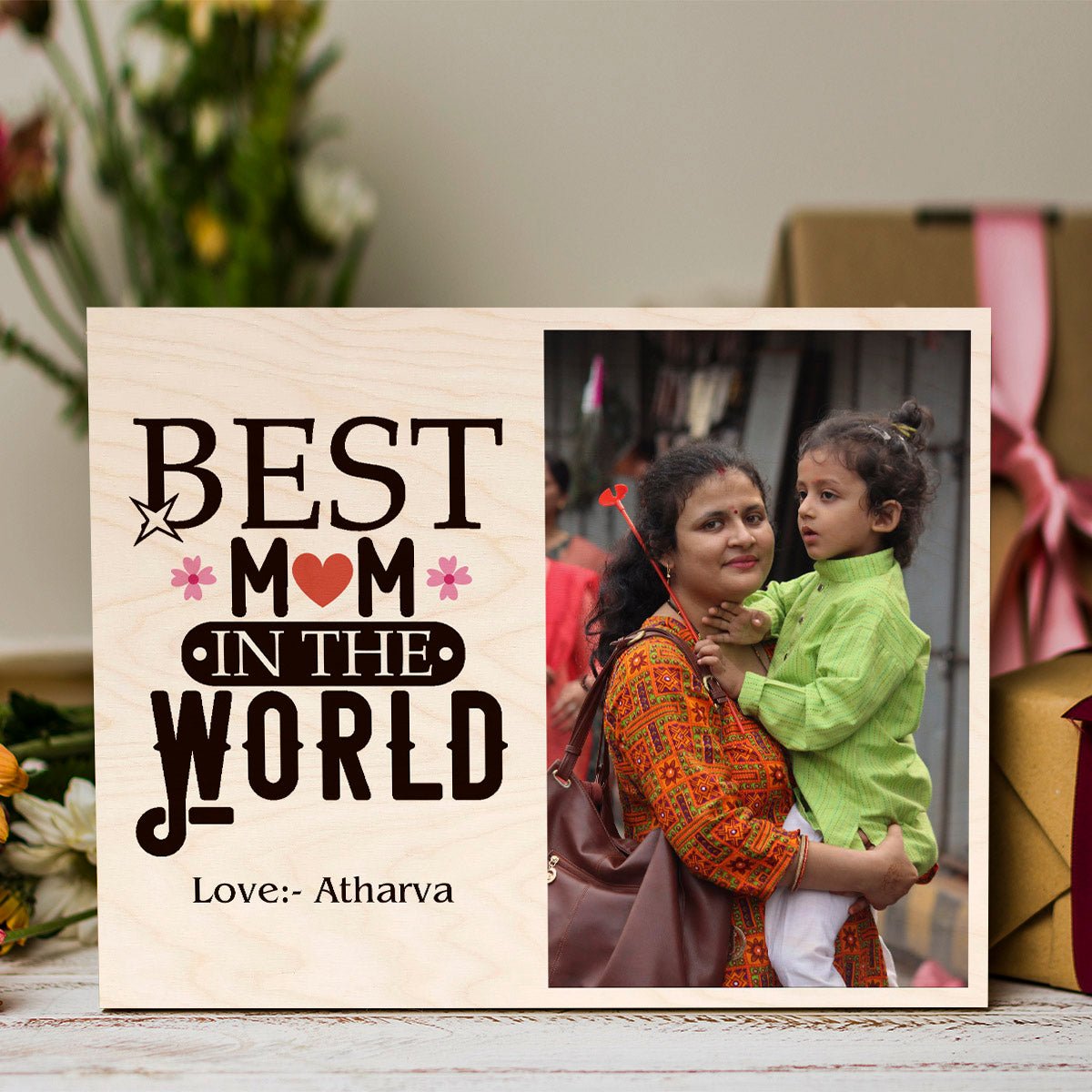 Mom Wood Print with Floral Design and Personalized Photo - Sblossom