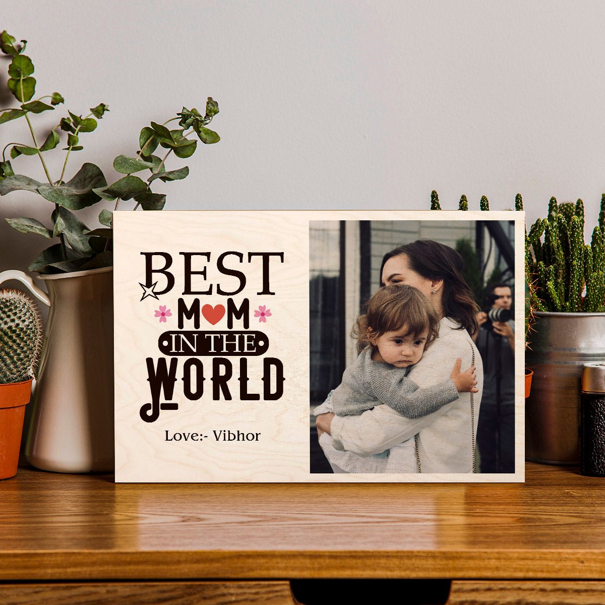 Mom Wood Print with Floral Design and Personalized Photo - Sblossom