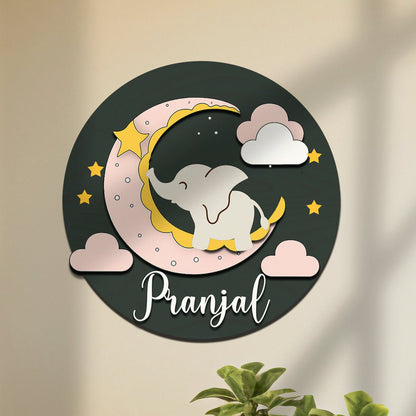 Moon Name Plate for Kids Room — Wooden, Sleepy Elephant - Sblossom