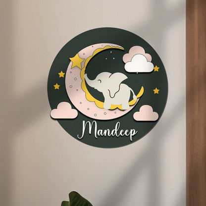 Moon Name Plate for Kids Room — Wooden, Sleepy Elephant - Sblossom
