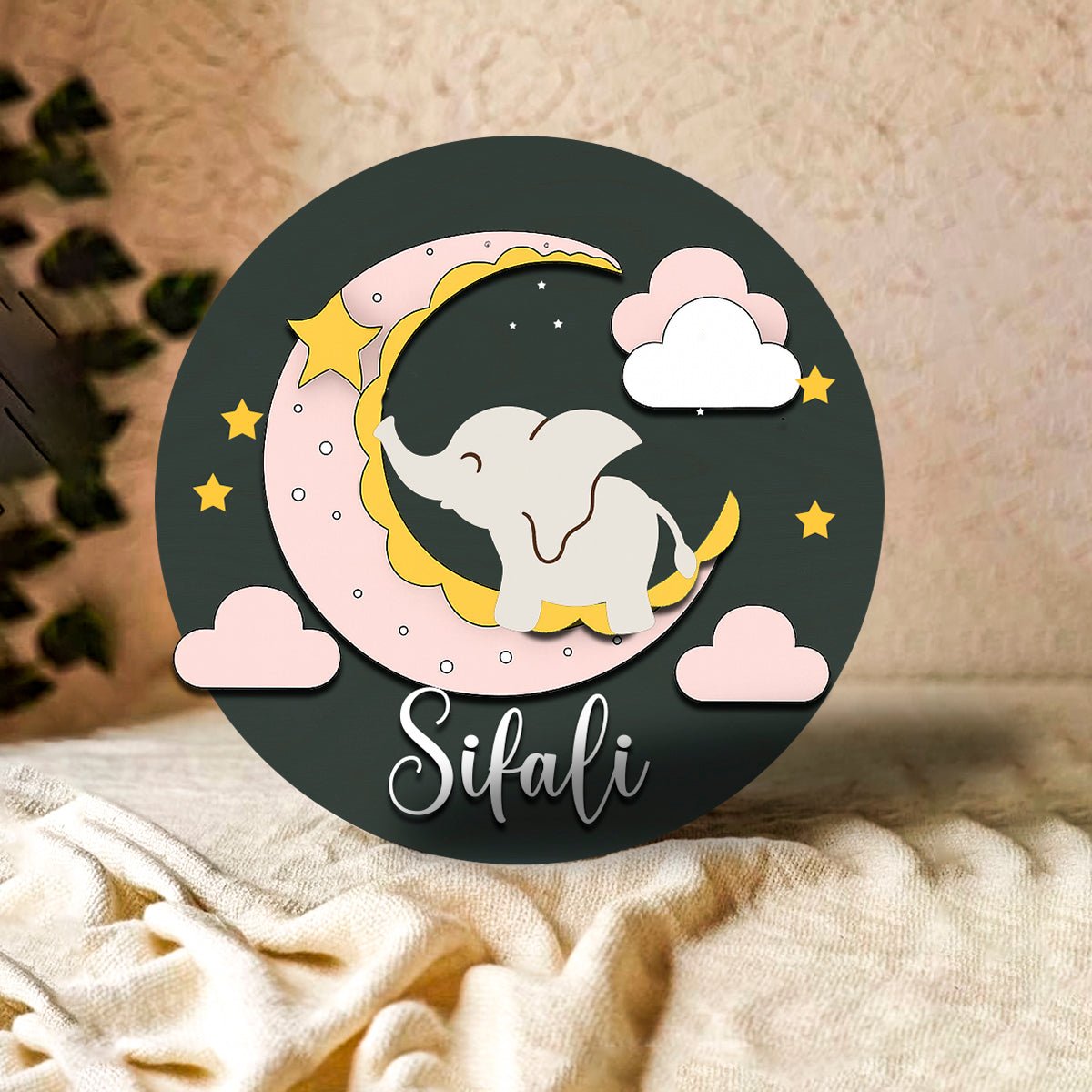 Moon Name Plate for Kids Room — Wooden, Sleepy Elephant - Sblossom
