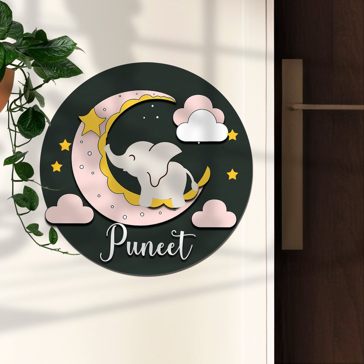Moon Name Plate for Kids Room — Wooden, Sleepy Elephant - Sblossom