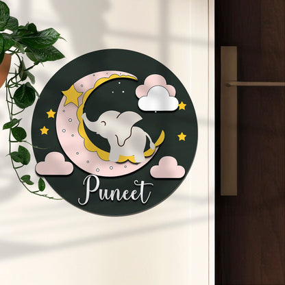 Moon Name Plate for Kids Room — Wooden, Sleepy Elephant - Sblossom