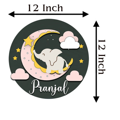 Moon Name Plate for Kids Room — Wooden, Sleepy Elephant - Sblossom