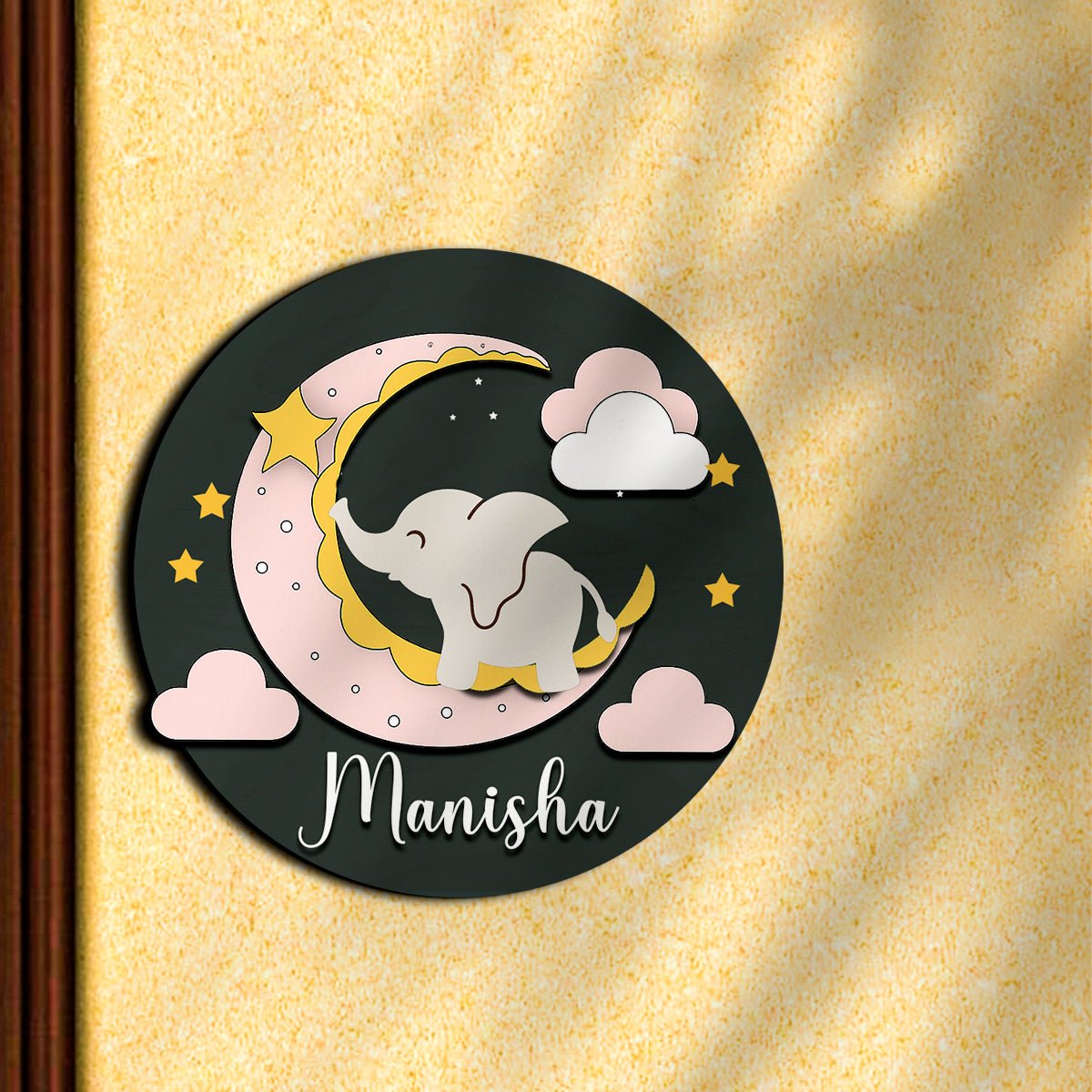 Moon Name Plate for Kids Room — Wooden, Sleepy Elephant - Sblossom