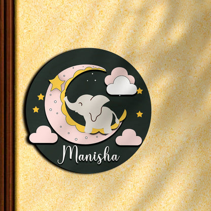 Moon Name Plate for Kids Room — Wooden, Sleepy Elephant - Sblossom