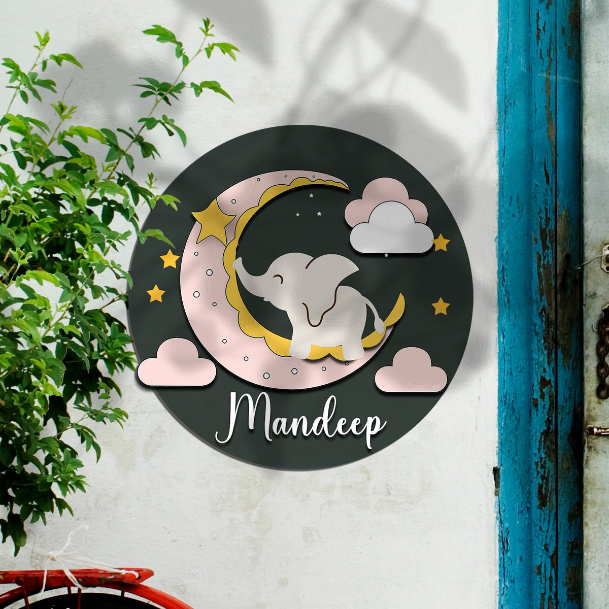 Moon Name Plate for Kids Room — Wooden, Sleepy Elephant - Sblossom