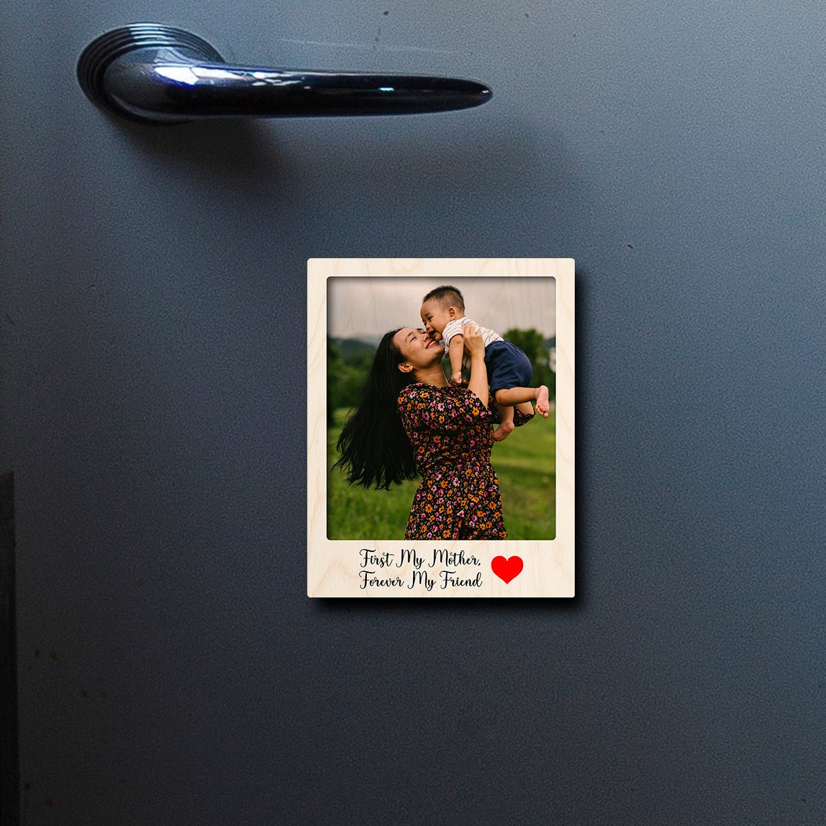 Mother Photo Fridge Magnet in Wood with Cursive Custom Print - Sblossom