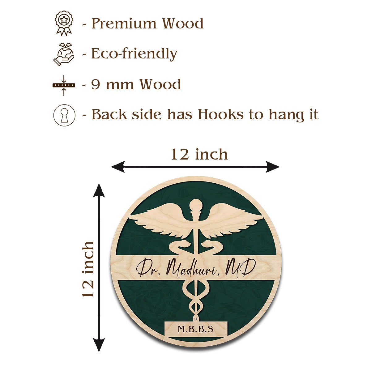 Motif Doctor Caduceus Name Plate Design for Wall, 12x12 Inch - Sblossom