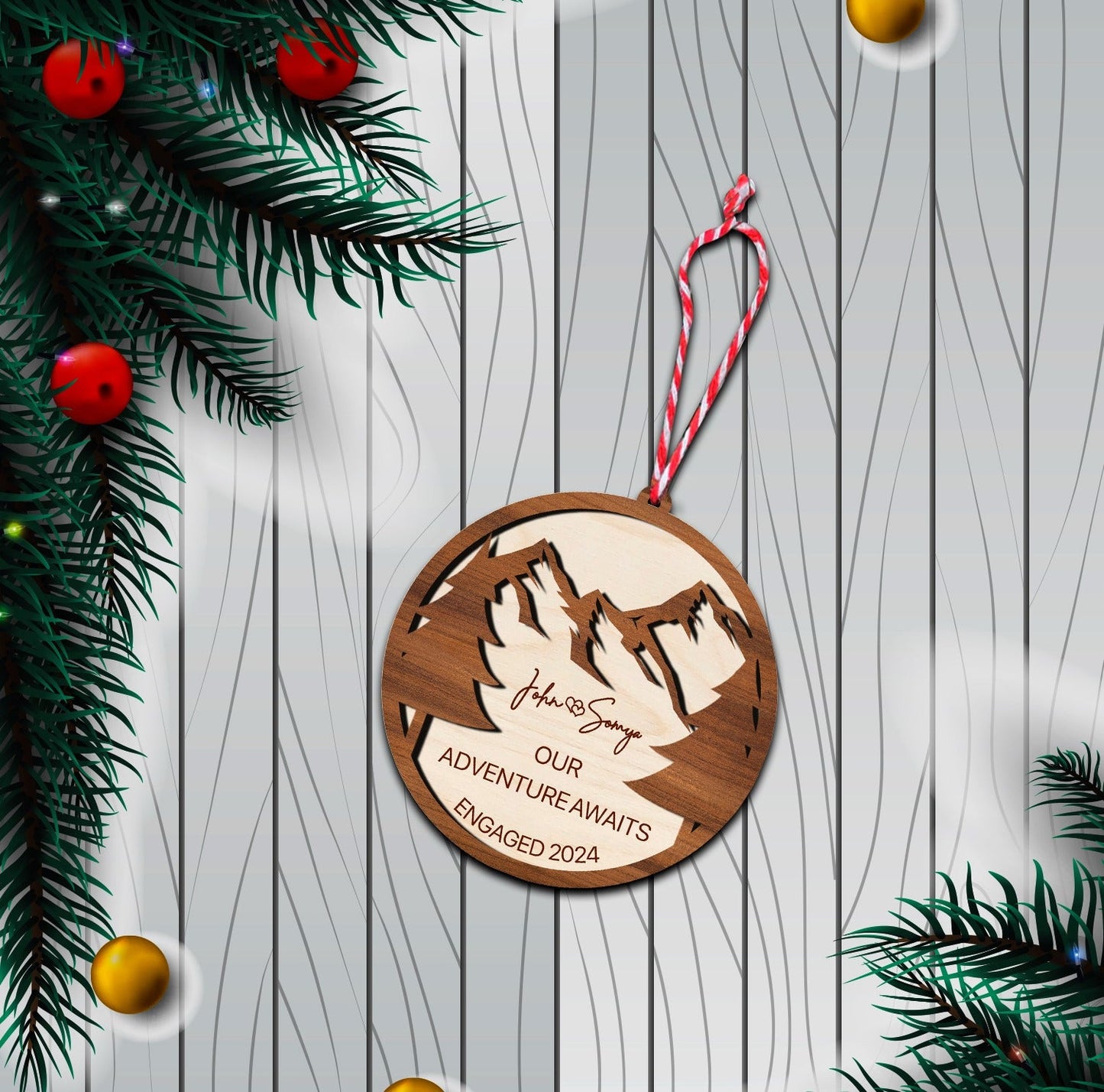 Mountain Couple Christmas Ornament in Wood with Custom Names - Sblossom