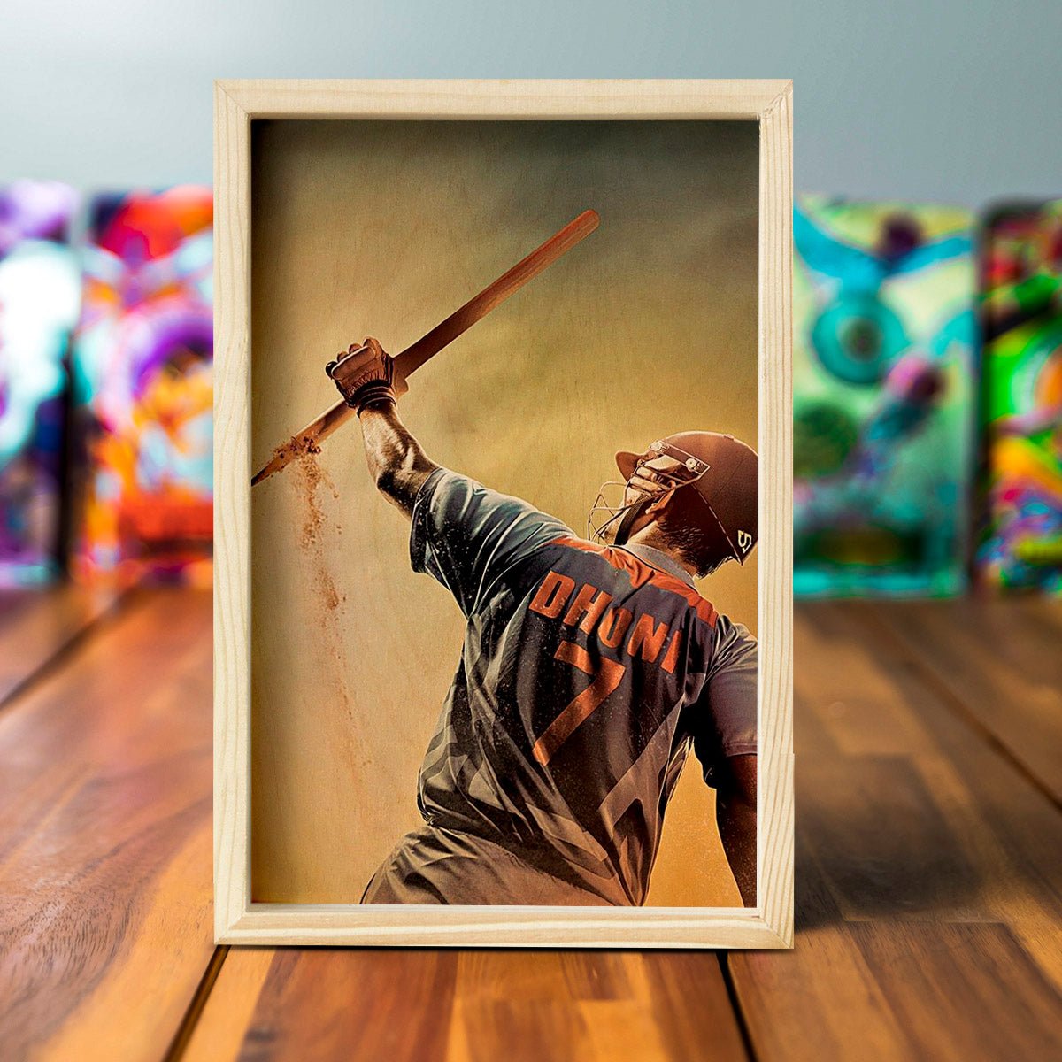 MS Dhoni Wooden Frame Wall Art with Colourful Pine Portrait - Sblossom