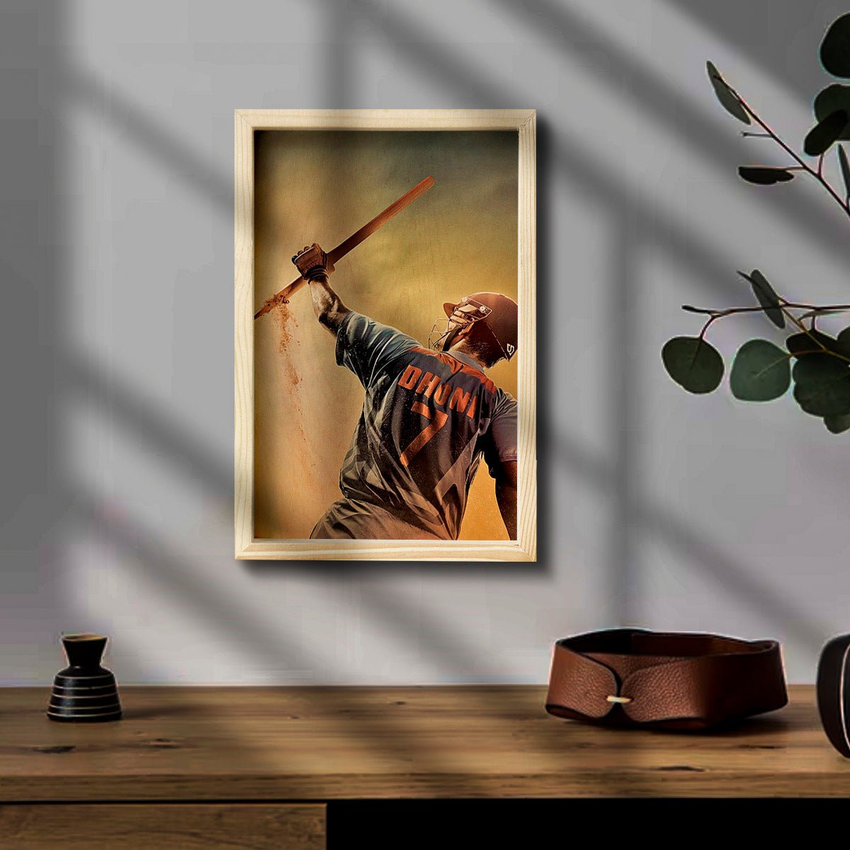 MS Dhoni Wooden Frame Wall Art with Colourful Pine Portrait - Sblossom