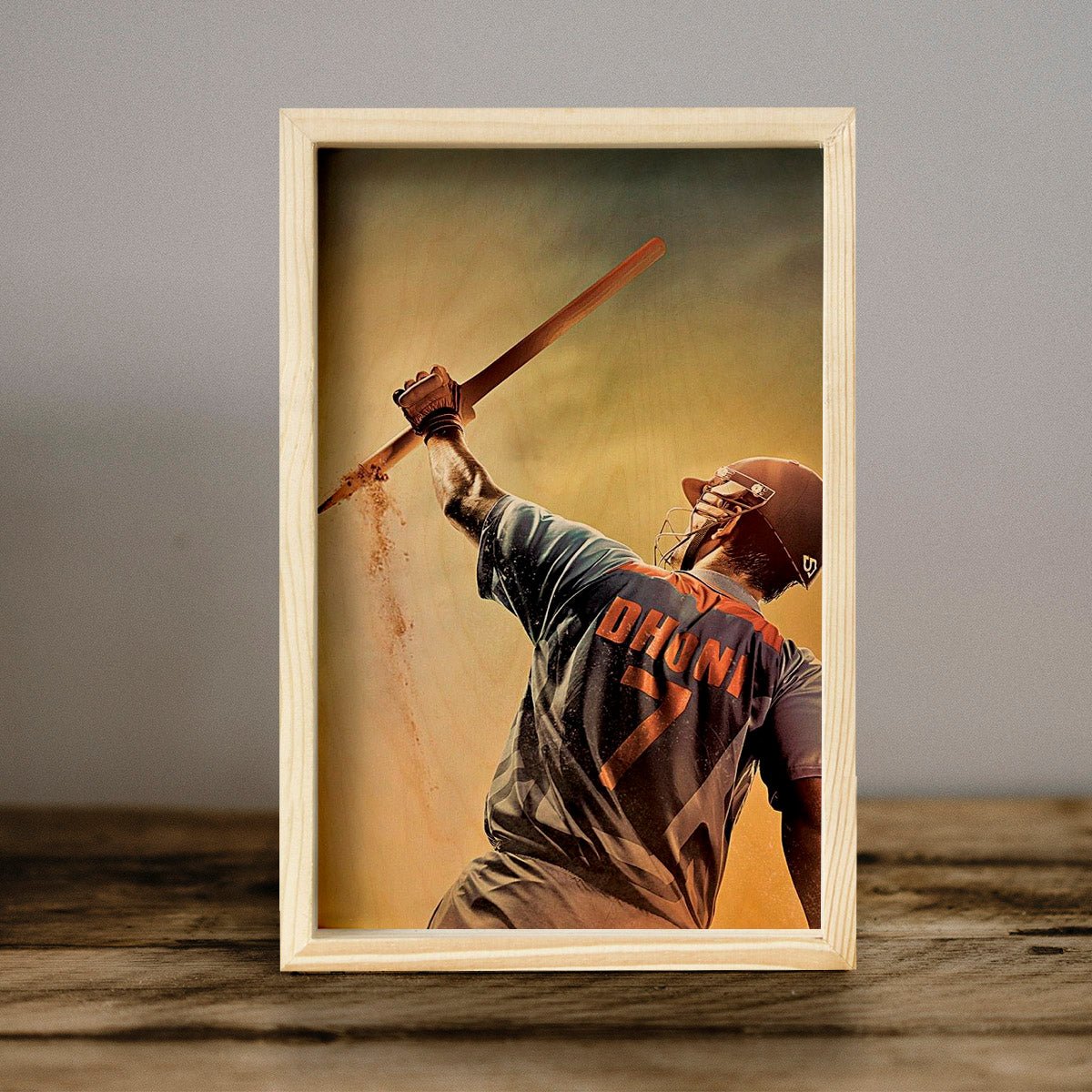 MS Dhoni Wooden Frame Wall Art with Colourful Pine Portrait - Sblossom