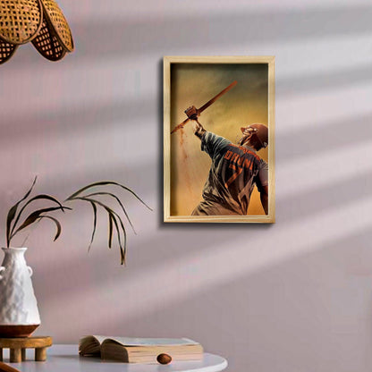 MS Dhoni Wooden Frame Wall Art with Colourful Pine Portrait - Sblossom