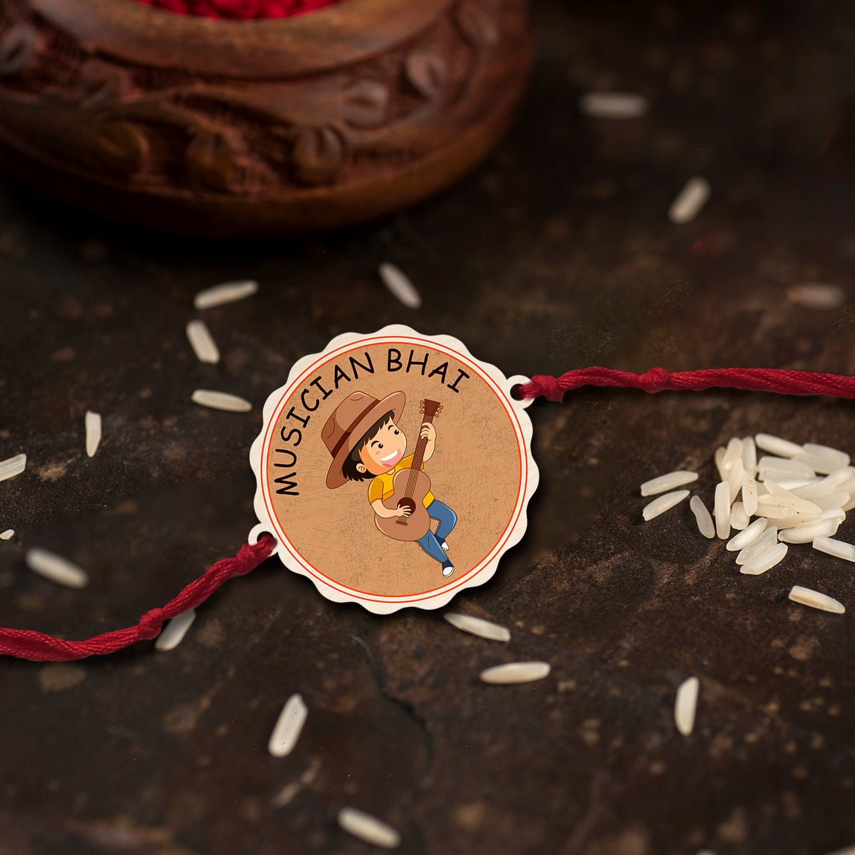 Musician Bhai Rakhi in Wood with Custom Name for Brother - Sblossom