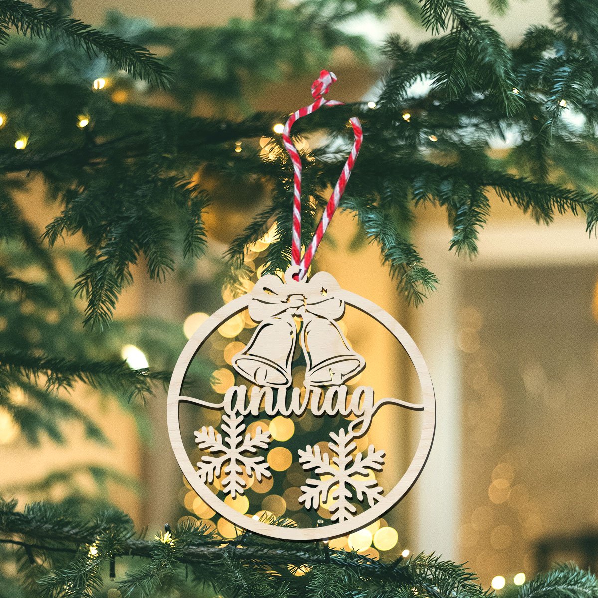 Name Christmas Ornament in Wood with Bells and Snowflakes Design - Sblossom