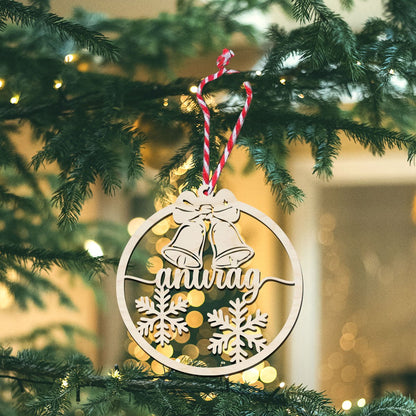 Name Christmas Ornament in Wood with Bells and Snowflakes Design - Sblossom