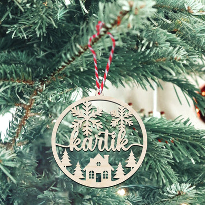 Name Christmas Ornament in Wood with Bells and Snowflakes Design - Sblossom