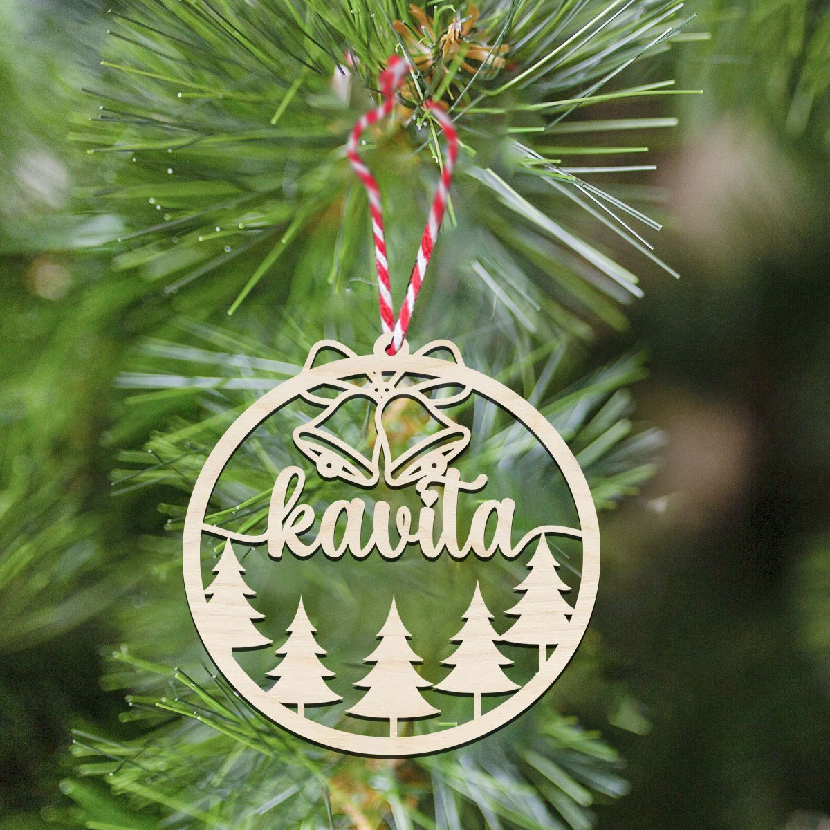 Name Christmas Ornament in Wood with Bells and Snowflakes Design - Sblossom
