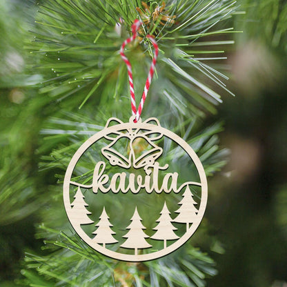 Name Christmas Ornament in Wood with Bells and Snowflakes Design - Sblossom
