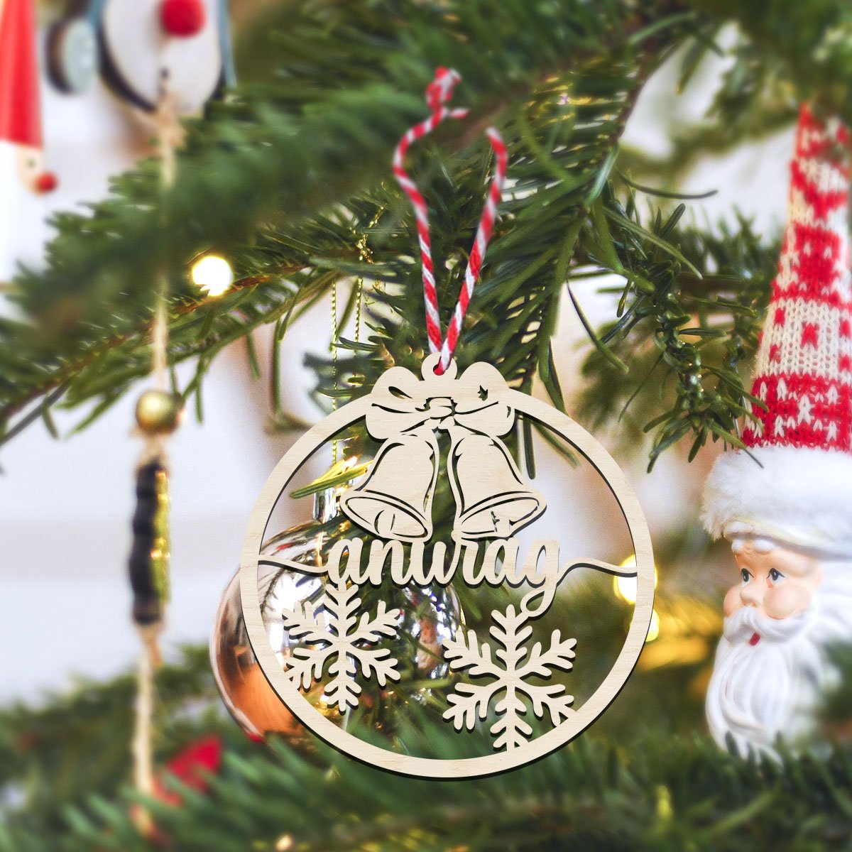 Name Christmas Ornament in Wood with Bells and Snowflakes Design - Sblossom