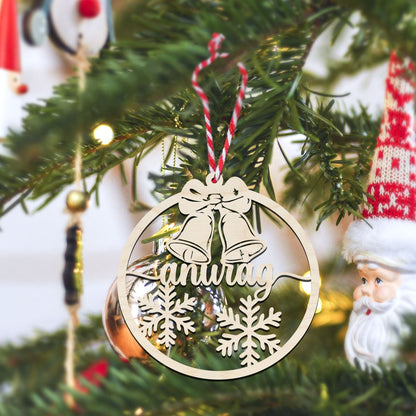 Name Christmas Ornament in Wood with Bells and Snowflakes Design - Sblossom