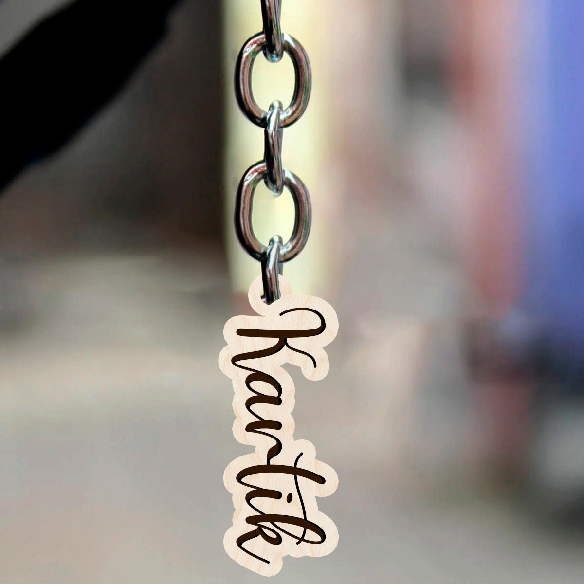 Name Keychain in Wood with Custom Laser Cut Gift Tag Design - Sblossom