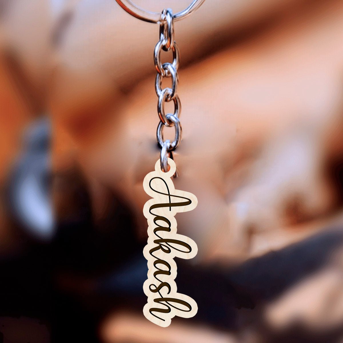 Name Keychain in Wood with Custom Laser Cut Gift Tag Design - Sblossom