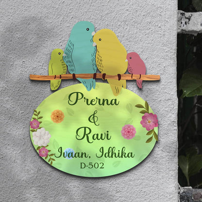 Name Plate for Family of 4 – Love-Bird Branch Cut-Out for Entrance - Sblossom