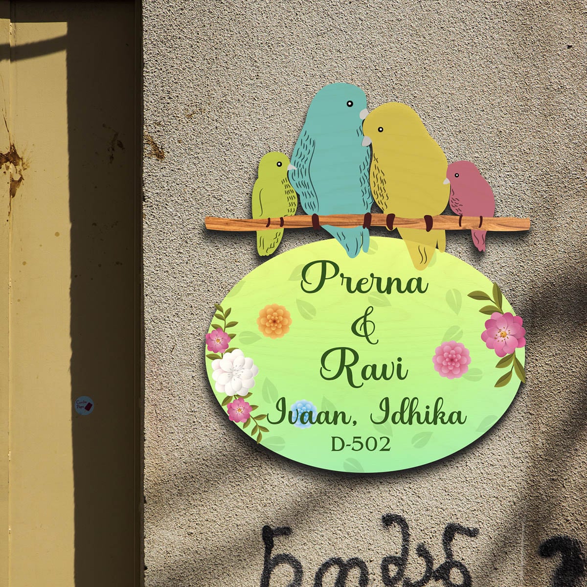 Name Plate for Family of 4 – Love-Bird Branch Cut-Out for Entrance - Sblossom