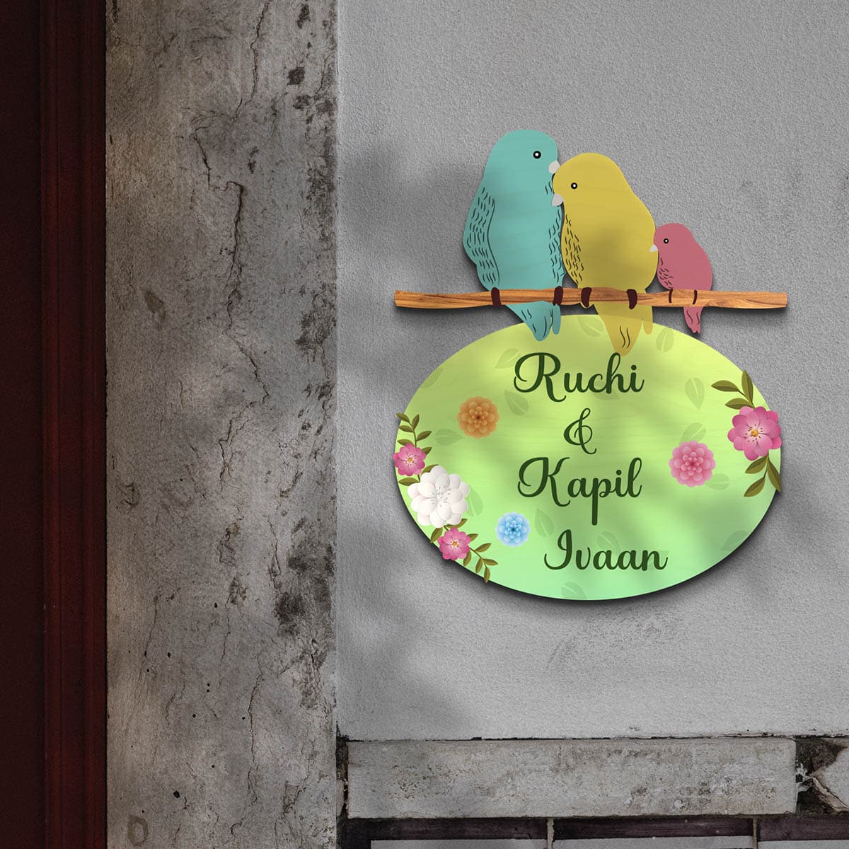 Name Plate for Family of 4 – Love-Bird Branch Cut-Out for Entrance - Sblossom