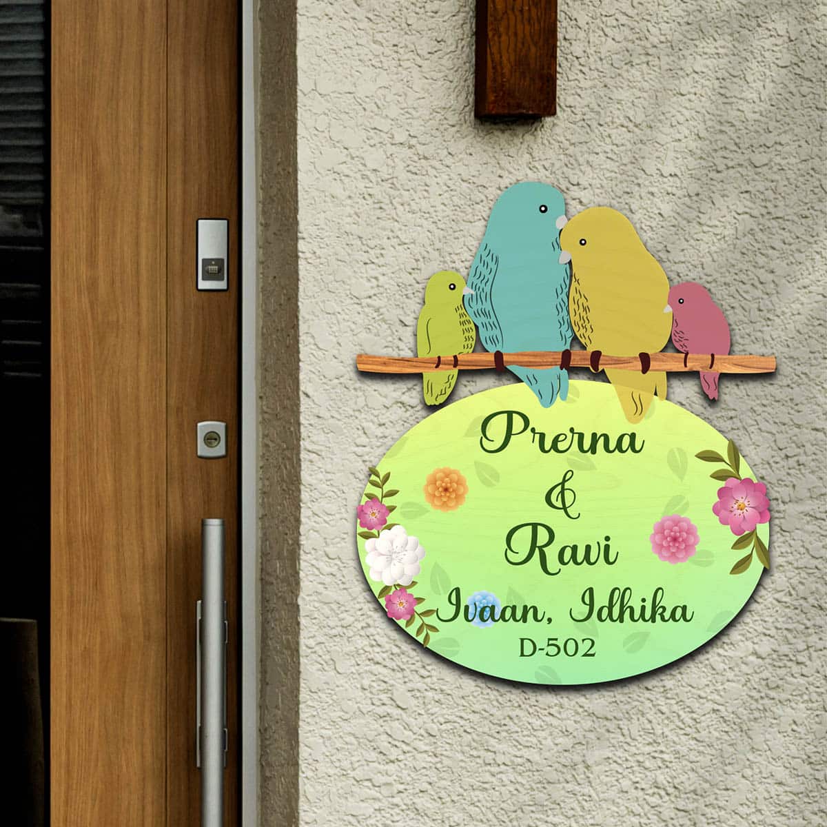 Name Plate for Family of 4 – Love-Bird Branch Cut-Out for Entrance - Sblossom
